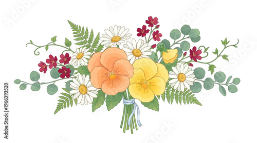 Elegant hand drawn bouquet of colorful pansies daisies and wildflowers with green fern leaves on white background, ideal for wedding invitations, greeting cards and floral pattern design