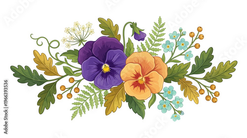 Beautiful pansy flowers with purple and orange petals surrounded by green leaves and berries on white background, ideal for floral wedding invitation, botanical greeting card and branding