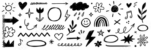 Crayon scribble kid element set. Crayon scribble hand drawn pastel texture brush chalk line sketch icon. Cute kid children rainbow heart star sun cloud flower smile crown. Vector illustration