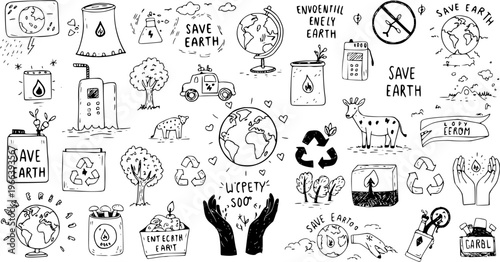 Hand-drawn doodle set of ecological and environmental icons, including save Earth, recycle, clean energy, pollution, and nature elements.