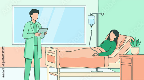 Doctor consulting patient in hospital room, medical care illustration