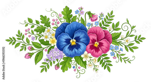 Hand drawn horizontal floral vignette with blue and pink pansy flowers and lush green leaves on white background, ideal for wedding invitation design, greeting cards and botanical branding