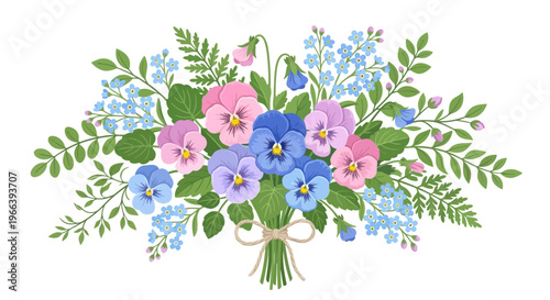 Beautiful bouquet of pink and blue pansy flowers with forget-me-nots and green leaves tied with twine bow on white background, ideal for greeting cards, wedding invitations and floral decor