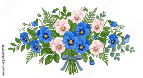 Bouquet of blue and pink pansy flowers with green leaves and ferns tied with a blue ribbon on white background, ideal for wedding invitation, spring greeting card and floral ornament decor