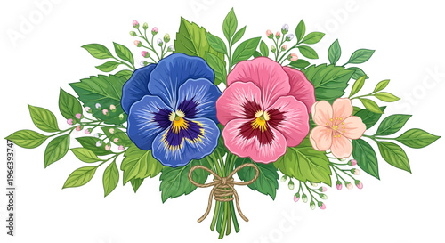 Beautiful illustration of blue and pink pansy flowers bouquet with green leaves and rustic rope on white background, ideal for wedding invitations, greeting cards and floral background designs