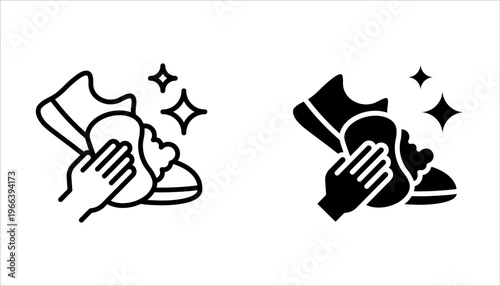 Washing shoes linear icon set. Clean sneakers on white background