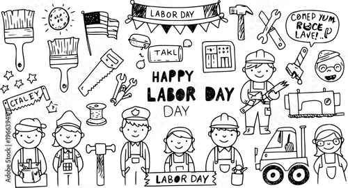 Happy Labor Day Doodle Set: Hand-drawn black and white illustrations of diverse workers, tools, and holiday elements.