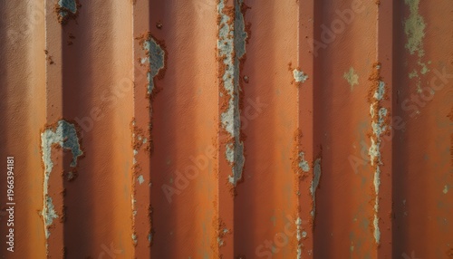Weathered Corrugated Metal Texture with Peeling Orange Paint and Visible Concrete Underneath Abstract Background