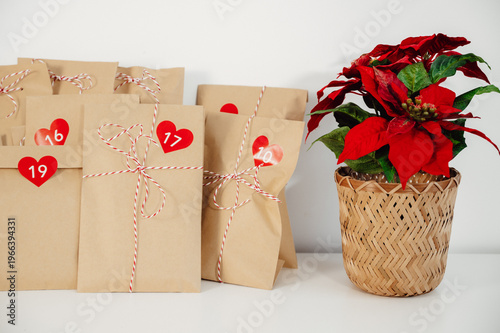 Advent christmas calendar bags near poinsettia