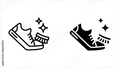 Washing shoes linear icon set. Clean sneakers on white background