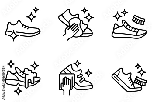 Washing shoes linear icon set. Clean sneakers on white background