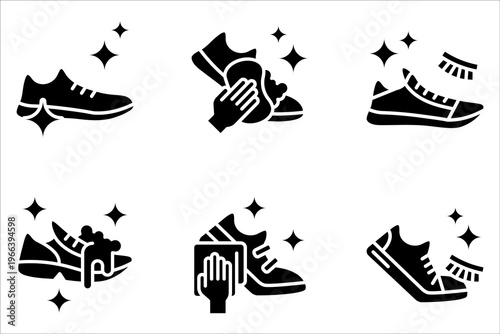 Washing shoes linear icon set. Clean sneakers on white background
