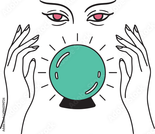 Visionary eyes gazing into a glowing crystal ball on a stand, mystic fortune telling