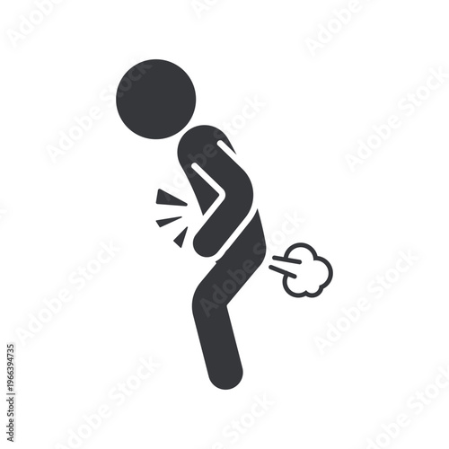 Isolated pictogram of person bending and holding stomach with gas release symbol representing digestive problem, discomfort, bloating, and flatulence condition