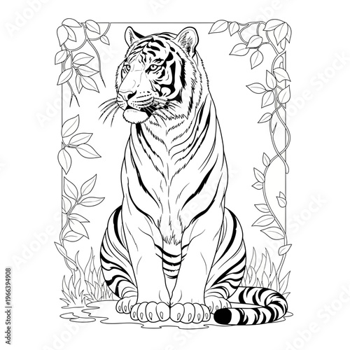 A black and white tiger sitting in the jungle