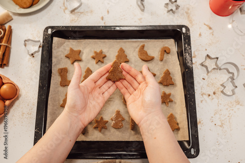 top view on woman hands holding gingerbread cookies in form of christmas tree against baking tray