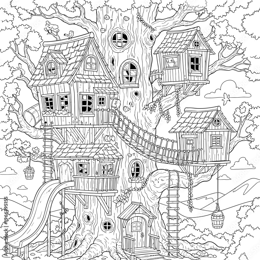 Obraz premium A detailed treehouse with multiple levels and a slide