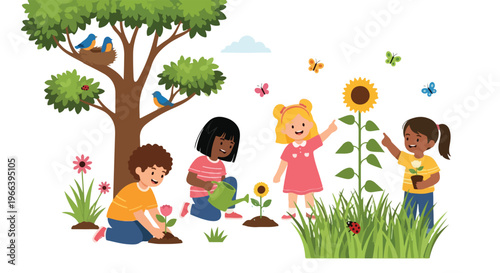 A group of diverse children are happily gardening outdoors, planting colorful flowers and watering a tall sunflower under a leafy green tree.