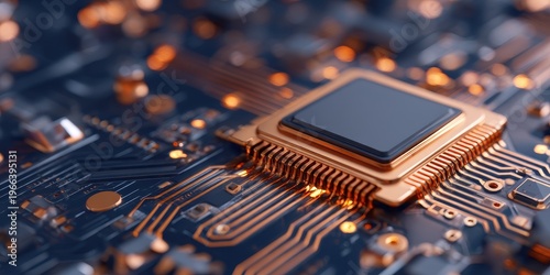 Plaque Engraved Style concept. Close-up of a microchip on a detailed, illuminated circuit board.