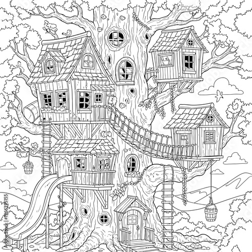 A detailed treehouse with multiple levels and a slide