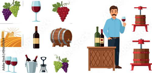 Wine Making Process with Grapes, Wine Glasses, Barrels, and Vineyard Equipment