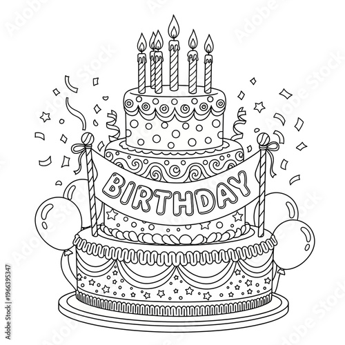 A large birthday cake with candles and decorations