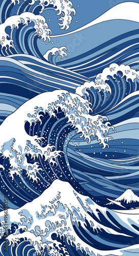 Majestic Blue Ocean Waves Crashing, Mount Fuji Silhouette in Distance, Japanese Art Style