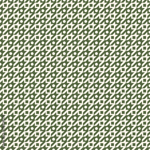 Modern geometric seamless pattern featuring abstract circles, squares and diagonal shapes arranged in a repeating grid design. The military green and off-white color palette creates a bold yet sophist