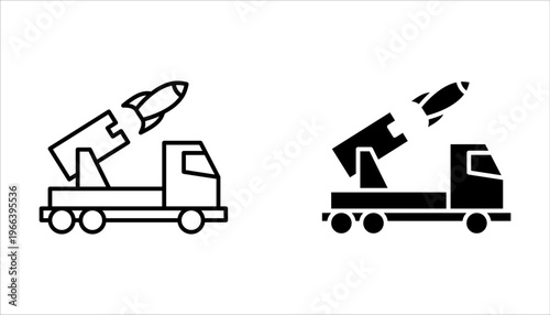 missile launcher truck icon set, features rockets launching system on white background