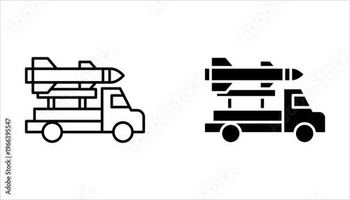 missile launcher truck icon set, features rockets launching system on white background