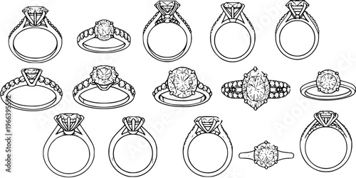 Detailed Line Art Vector Illustration Set of Various Diamond Engagement Rings and Solitaire Wedding Bands