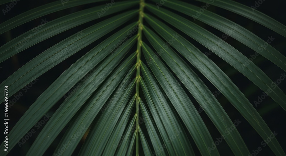 Fototapeta premium A perfectly symmetrical close-up captures the deep green central spine and radiating fronds of a tropical palm leaf, creating a natural and harmonious pattern.