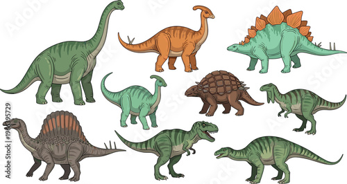 Illustration of Various Dinosaurs, Including Stegosaurus, Brachiosaurus, and T-Rex for Animal and Prehistoric Designs