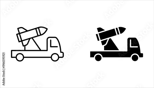 missile launcher truck icon set, features rockets launching system on white background