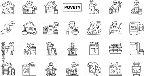 Poverty Line Icons Set. Vector Outline Symbols of Homelessness, Hunger, Social Problems, and Hardship. Editable Stroke Pack for Poor People and Lack of Resources.