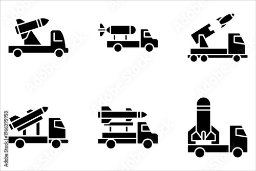 missile launcher truck icon set, features rockets launching system on white background