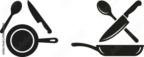 A minimalist black and white graphic design featuring kitchen utensils including pan knife spoon