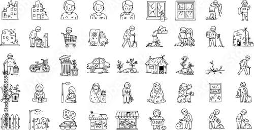 Poverty, Homelessness, Disaster  Pollution Hand-Drawn Doodle Icons. Set of sketches showing human struggle, environmental issues, and social problems.