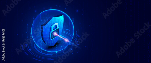 Cyber security technology background with isometric shield padlock and biometric fingerprint protectionrprint biometric data protection