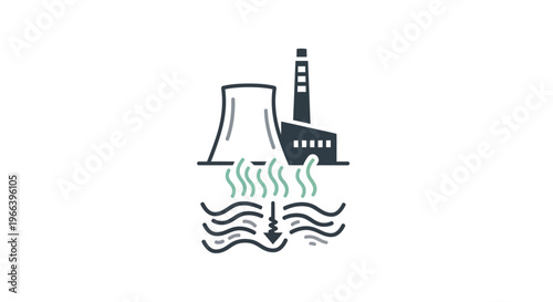 Conceptual 3D illustration of an industrial energy complex with a power plant and cooling tower, depicting underground resource extraction from geological layers