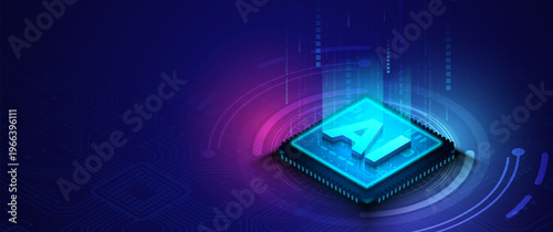 Isometric artificial intelligence processor concept on digital circuit board with glowing data