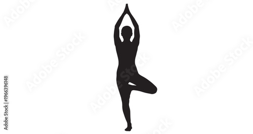 Yoga Girl Silhouette silhouette vector graphic illustration depicting a female figure holding the challenging balance of the traditional tree yoga pose.