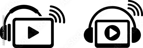 Black and white vector icons representing wireless audio streaming on digital video platforms