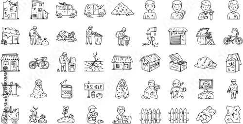 Poverty, Homelessness  Natural Disaster Outline Icons. Hand-drawn vector set depicting social issues, economic crisis, hunger, and human struggle concepts.