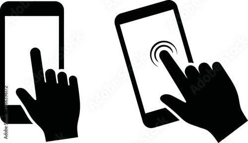 A set of black vector icons showing a human hand interacting with a smartphone touchscreen device