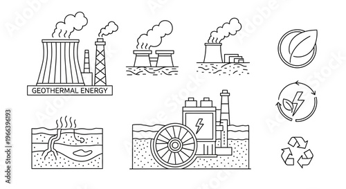 Geothermal Energy Production and Renewable Resources Icons with Recycling Symbol and Leaf Emblem