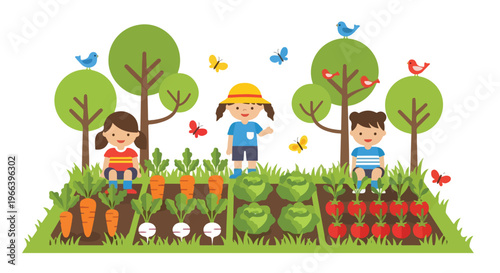 Three young children are happily gardening in a lush backyard filled with fresh vegetables, tall trees, colorful birds, and flying butterflies.