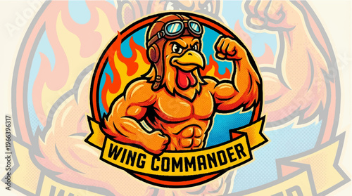 Muscular cartoon dog aviator flexing.