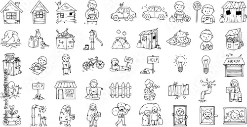 Poverty and Social Issues Hand Drawn Doodle Icons Set. Depicting Homelessness, Hunger, Lack of Resources, and Struggle for Basic Needs. Vector Illustrations.
