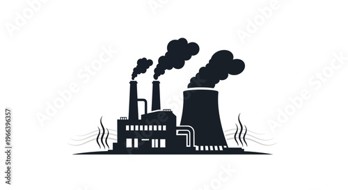 Modern industrial complex silhouette with smoking chimneys and a cooling tower, symbolizing pollution, environmental impact, and energy production
